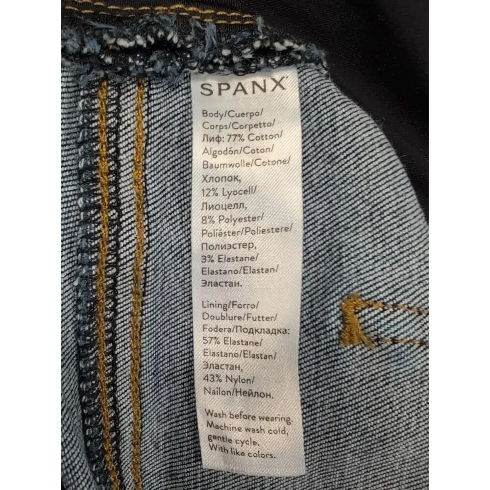 Spanx Women’s L Blue Pull-On Skinny Jegging Jeans Distressed Raw Hem Ankle - Picture 12 of 14